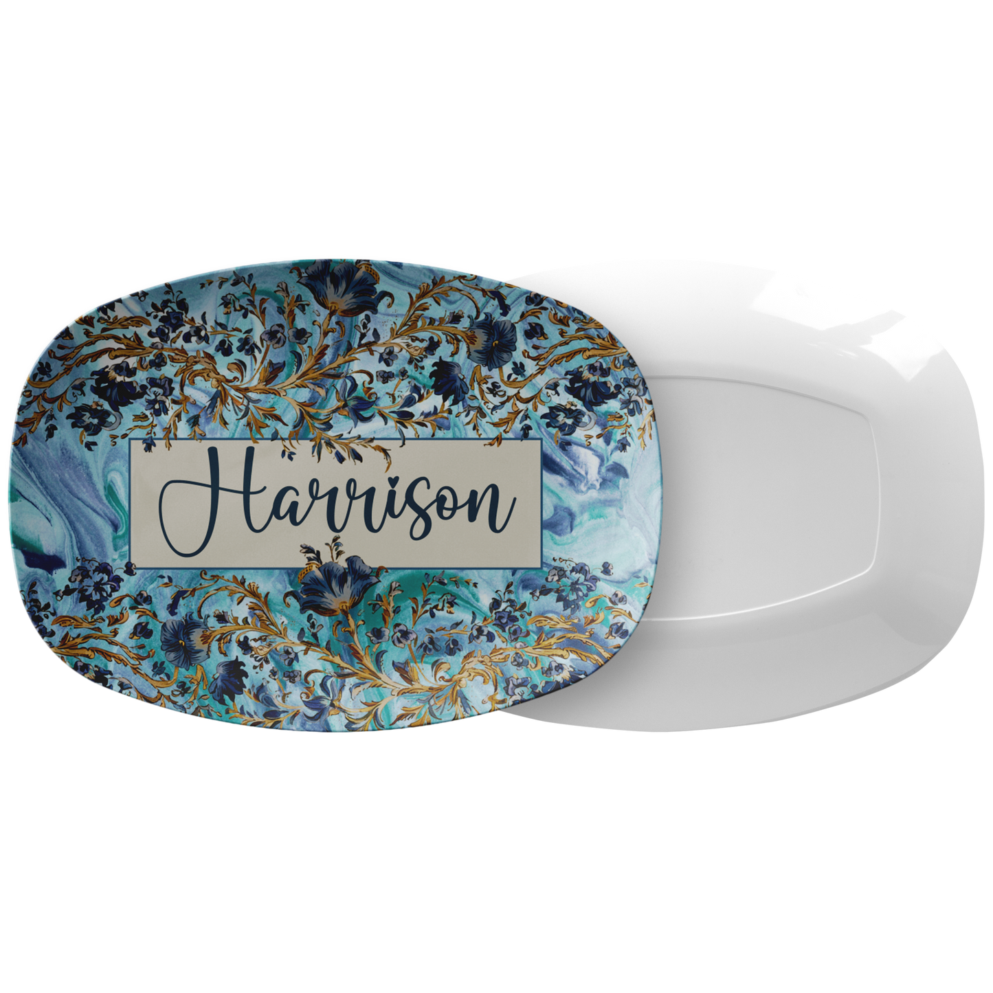 Blue Marble Floral Personalized Serving Platter