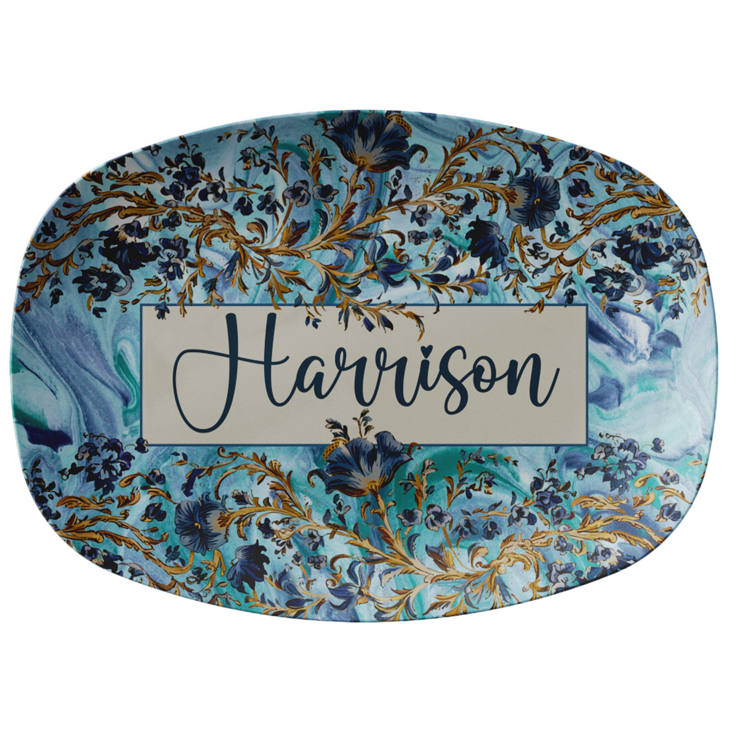 Blue Marble Floral Personalized Serving Platter