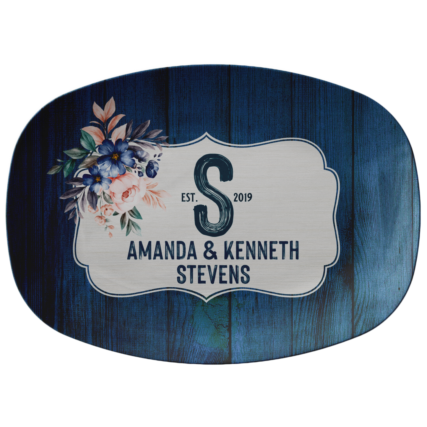 Blue Wood Personalized Wedding Serving Platter