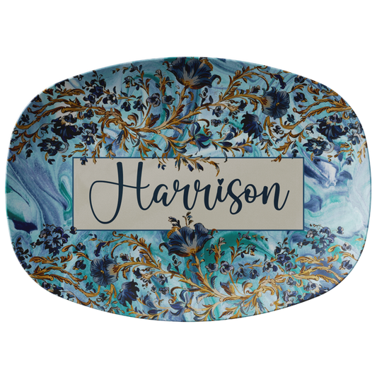 Blue Marble Floral Personalized Serving Platter