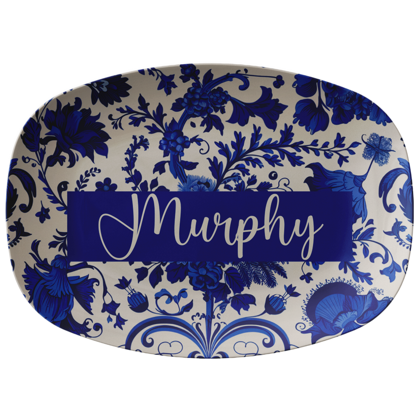 Cobalt Blue Floral Personalized Serving Platter